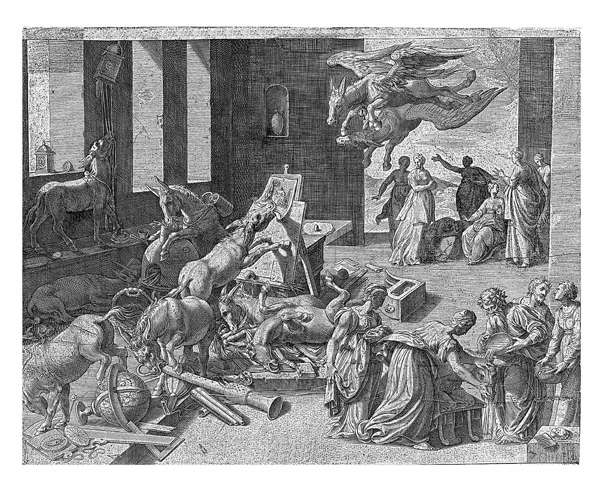 Alegoria upadku uznania dla sztuki i nauki. Osły niszczą atrybuty sztuk wyzwolonych w pracowni artystycznej - rycina